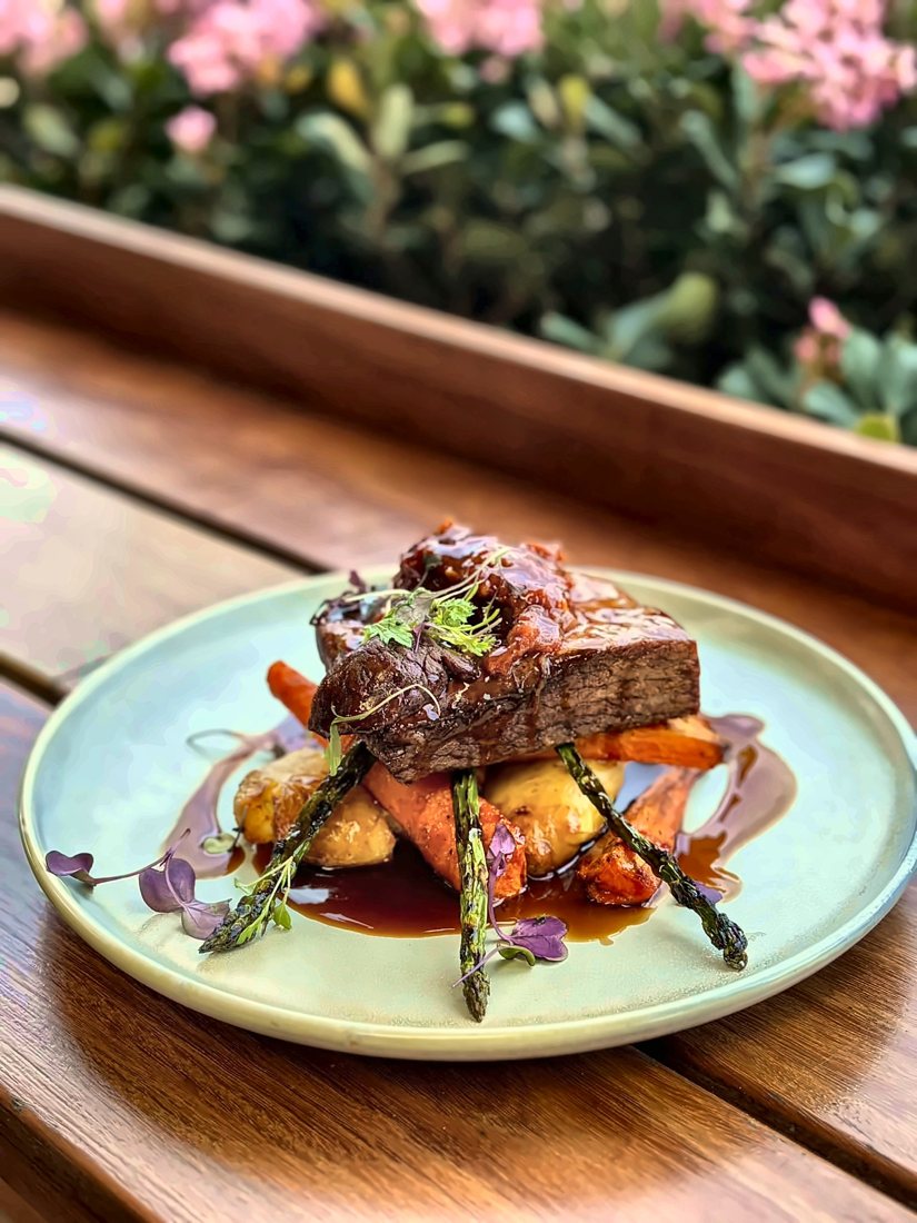 Slow-cooked beef with roast vegetables, asparagus and jus